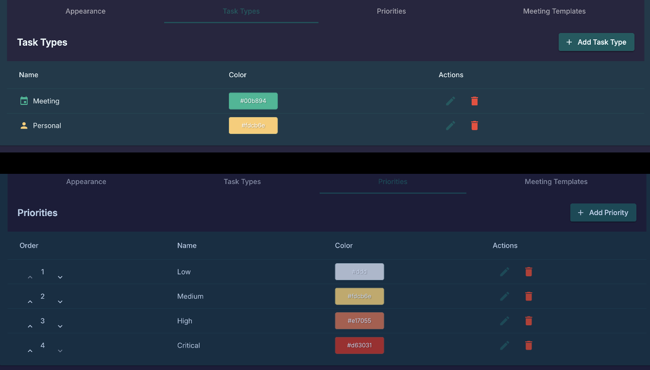 Task Types and Priorities Screenshot